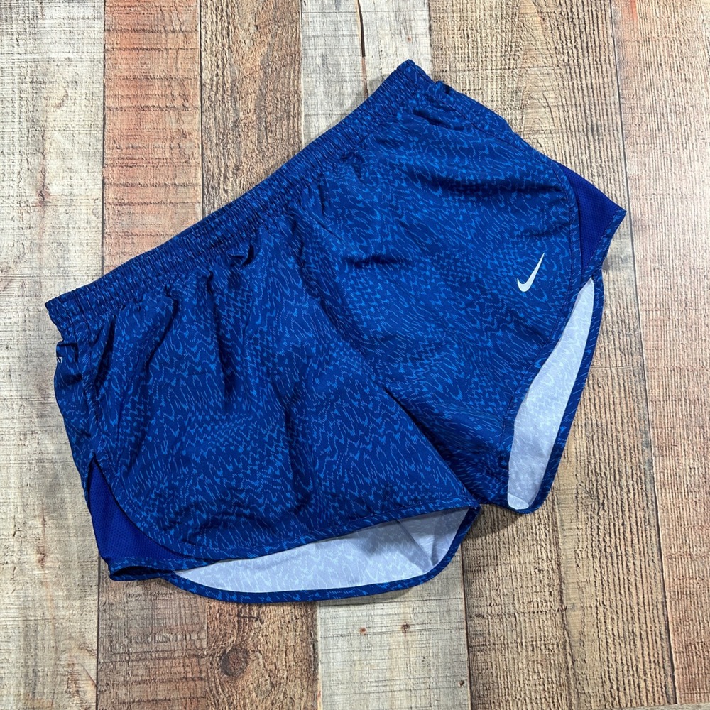 Nike Dri-FIT Womens Blue Abstract Print Running Shorts Small Zipper Pocket